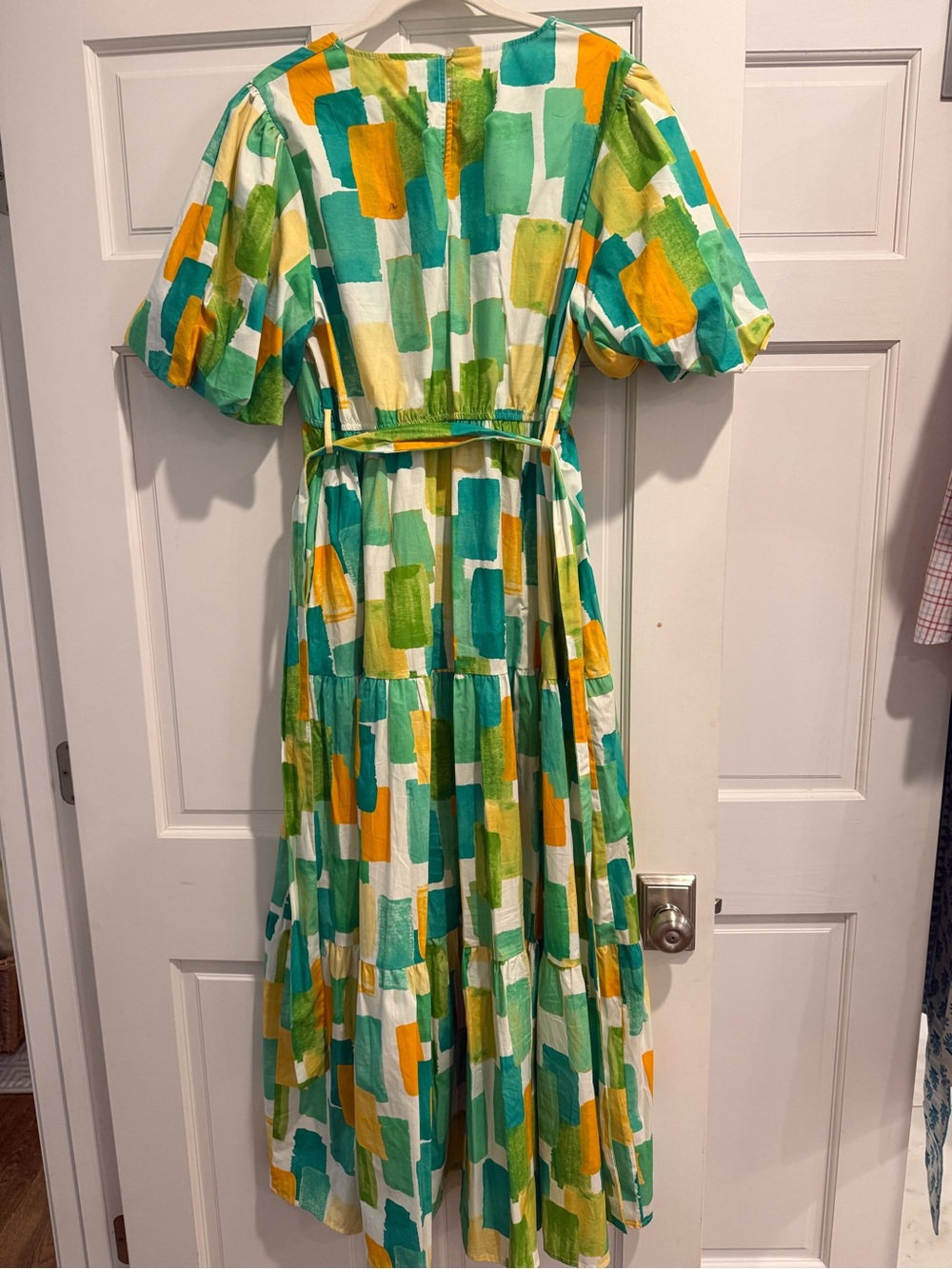Peach Love California Green, Teal & Yellow Abstract Print Puff Sleeve Maxi Dress
